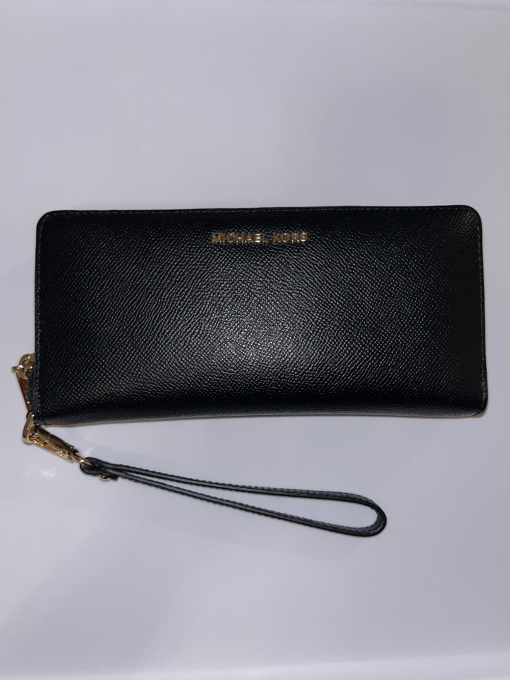 Michael Kors Black Leather Zip Wristlet with Gold Hardware